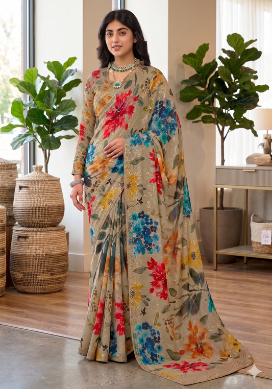 Rumi Golden Floral Elegance Premium Saree Full-Sleeve Blouse Set