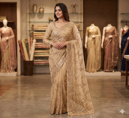 VIRAL SAREE - Elegant Beige Saree with Sequined Floral Vines & Full-Sleeve Blouse