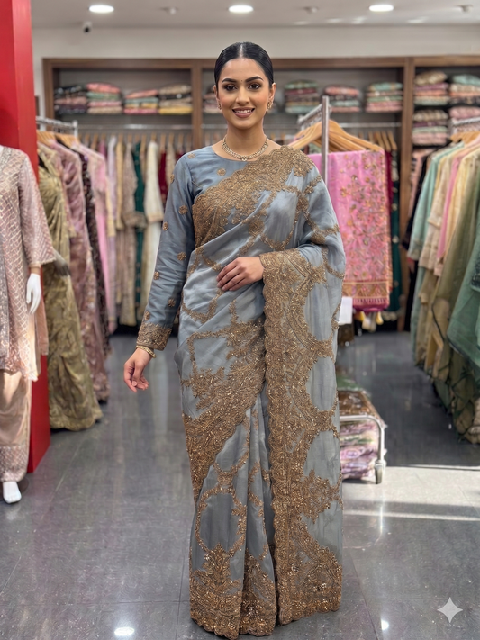 Metallic Grey Satin Saree with Intricate Antique Gold Embroidery