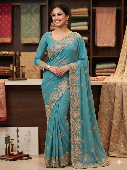 Light blue Saree with Full-Sleeve Blouse