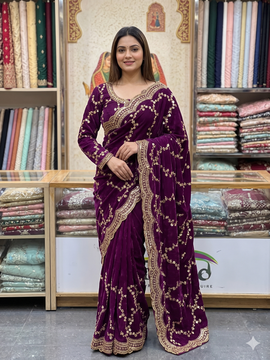 Viral Saree – Elegant Plum Purple Embroidered Saree with Full-Sleeve Blouse