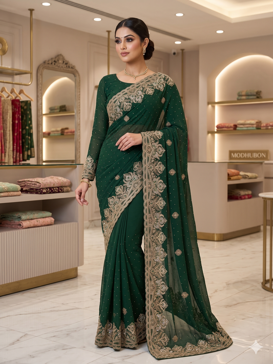 Emerald Green Embroidered Georgette Saree with Matching Full-Sleeve Blouse Set