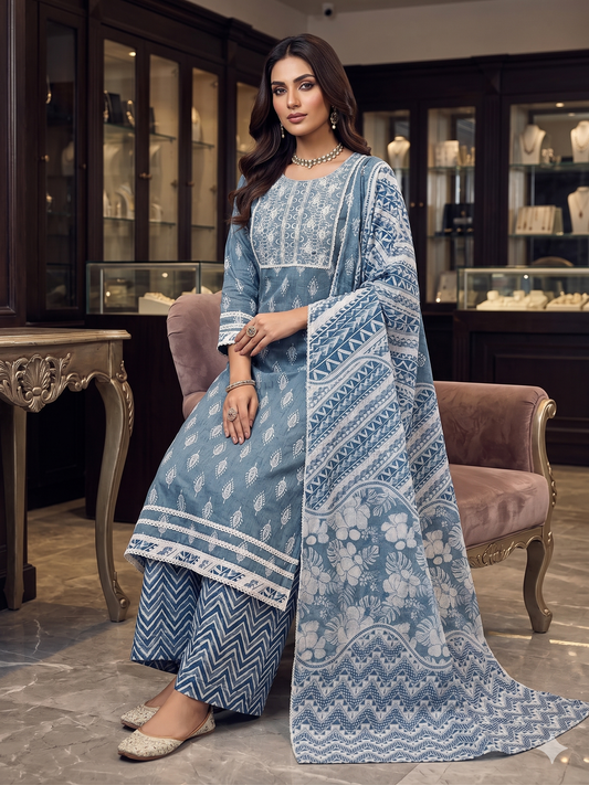 Indigo Grace • Embroidered Cotton 3-Piece Suit