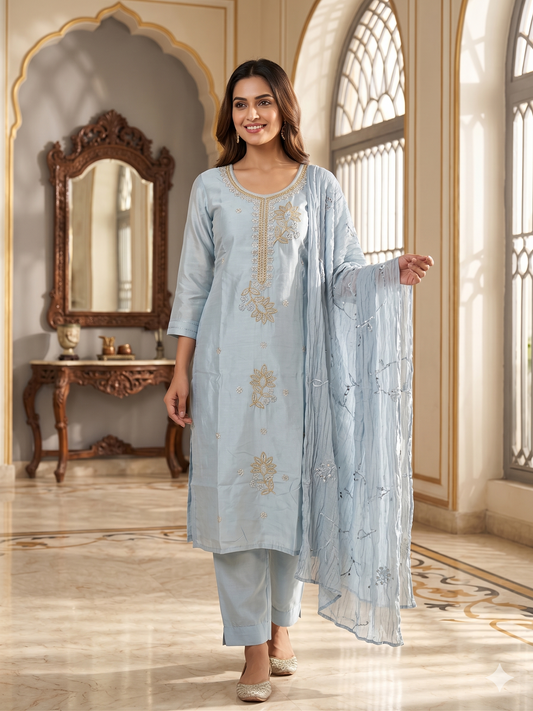 Ice-Blue Chanderi Silk Blend Embroidered 3-Piece Salwar Suit