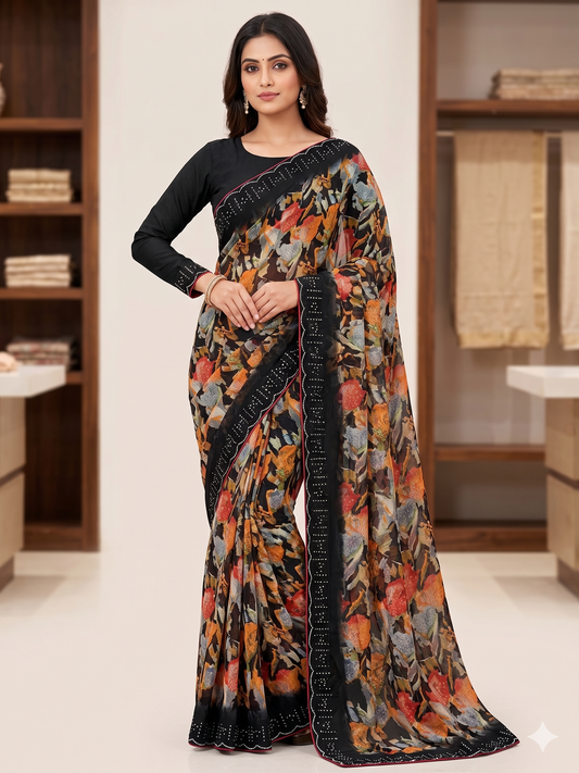 Dholki Floral Georgette Saree with Embellished Border and Full-Sleeve Blouse