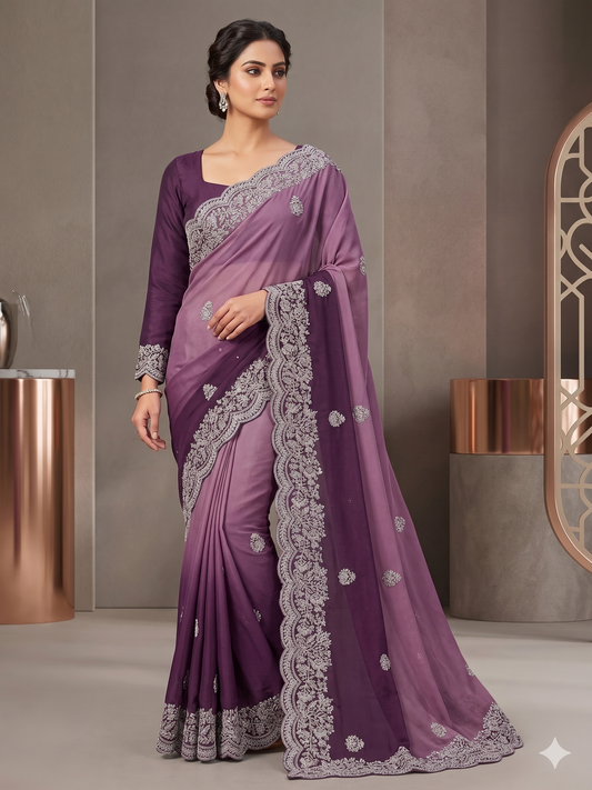 Plum & Lavender Ombré Embroidered Saree with Full-Sleeve Blouse