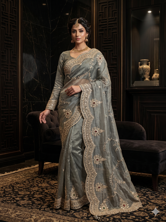 Royal Ash Grey Embroidered Viscose Saree comes with Full Sleeve Heavily Embellished Blouse
