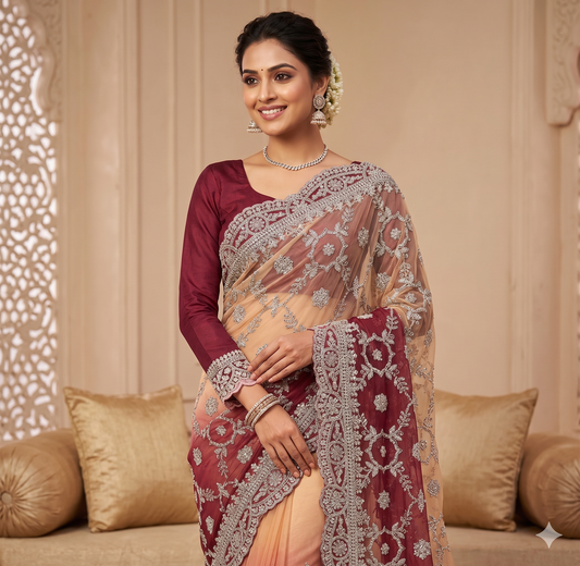 Rose & Champagne Ombré Embroidered Saree with Full-Sleeve Blouse