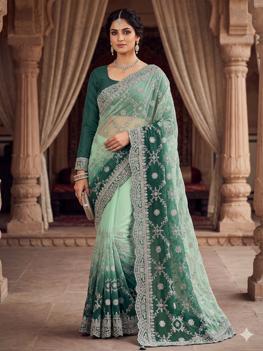 Ombre Mint & Deep Teal Georgette Saree with Intricate Silver Embellishments & Full-Sleeve Blouse
