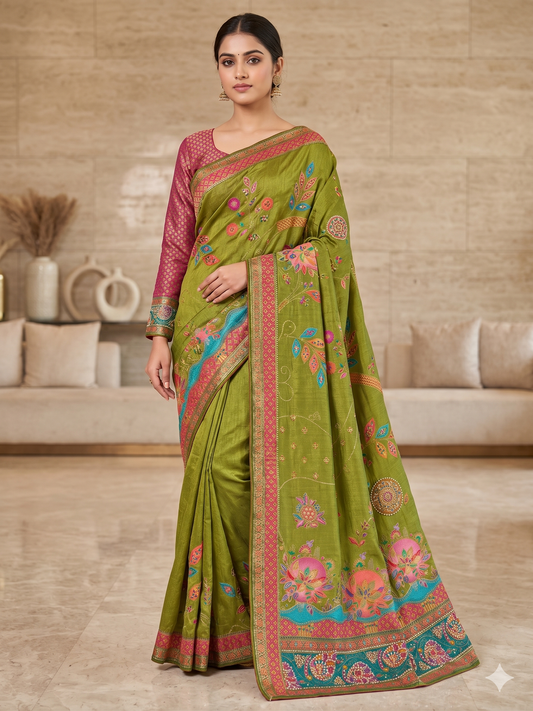 Olive Green Saree with Ornate Embroidered Border and Matching Full-Sleeve Blouse