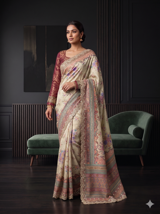 Off-White Floral Silk Saree Comes with Full Sleeve Maroon Banarasi Brocade Blouse