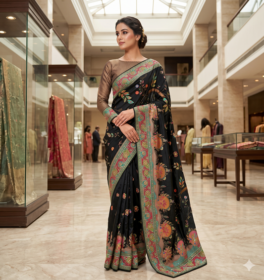 Jet Black Floral Silk Saree with Geometric Brocade Full-Sleeve Blouse