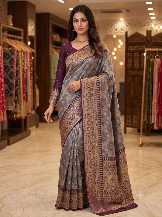 Elegant Slate Grey Banarasi Silk Saree with Deep Wine Embroidered Blouse