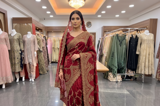 Crimson Red Embroidered Saree Set with Net Scarf