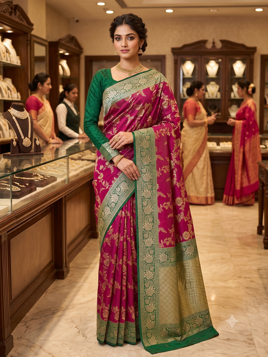 Soft Katan Saree in Magenta & Deep Emerald Green
