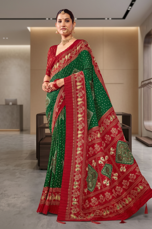 Vrush Green & Crimson Red Bandni Saree with Full-Sleeve Blouse