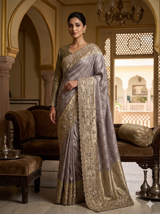 Elegant Grey Jacquard Saree with Golden Embroidered Full Sleeve Blouse