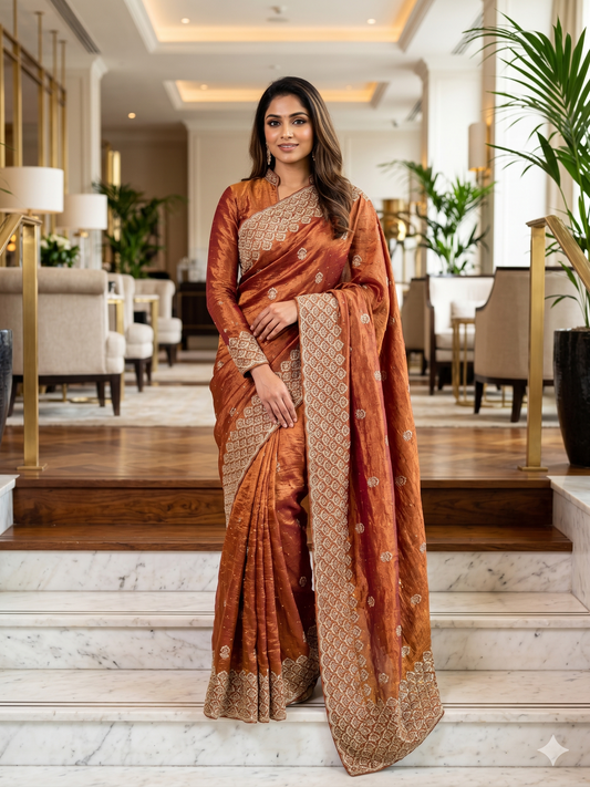 Copper Bronze Shimmer Saree with Full-Sleeve Blouse