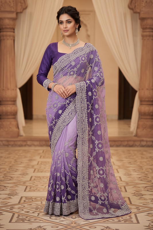 Ombré Lavender and Purple Embroidered Saree with Full-Sleeve Blouse