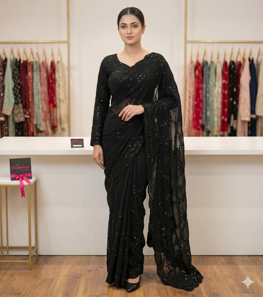 VIRAL BLACK SAREE - Exclusive Midnight Black Sequin Handcrafted Saree Set with Full-Sleeve Embroidered Blouse