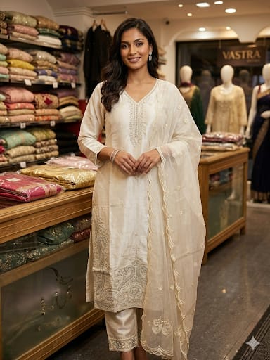 Ivory Elegance Embroidered Silk Salwar Suit Set