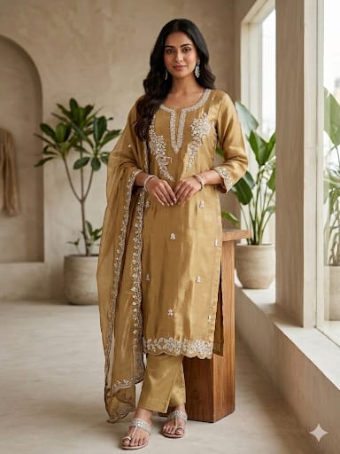 Antique Gold Embroidered Chanderi Silk Salwar Suit Set