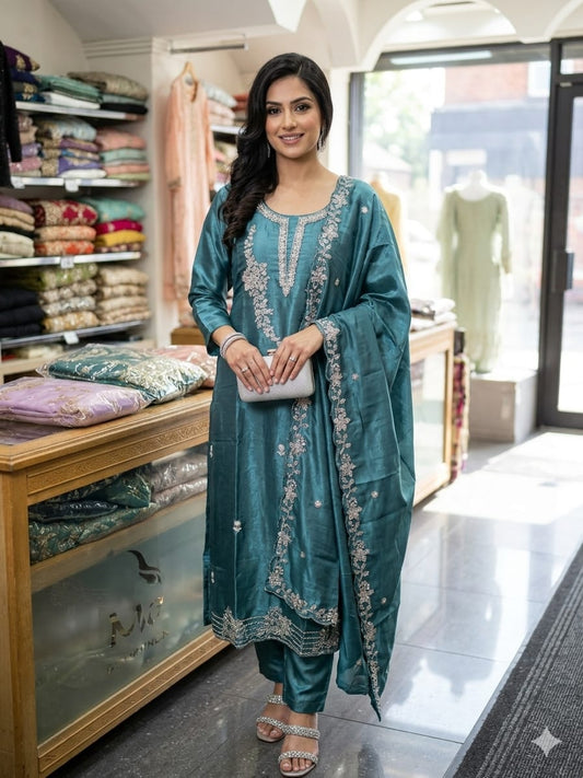 Teal Blue Silk Salwar Suit with Silver Zari Embroidery