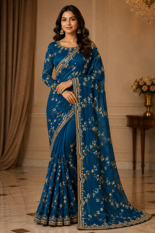 Royal Teal Blue Sequin Embellished Saree with Full Sleeve Designer Blouse