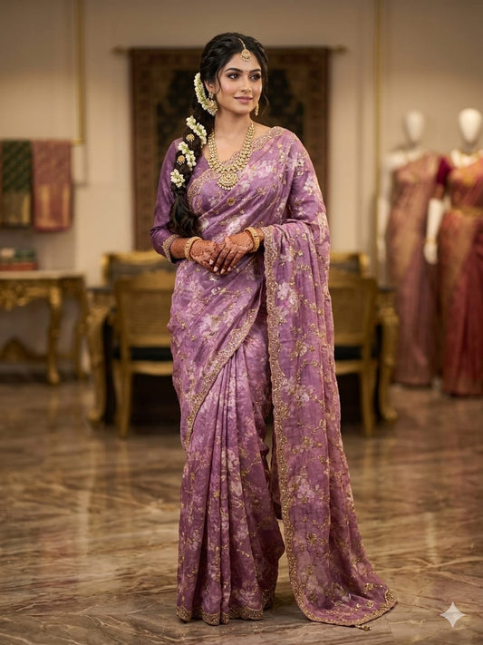 Mauve Floral Organza Embroidered Saree