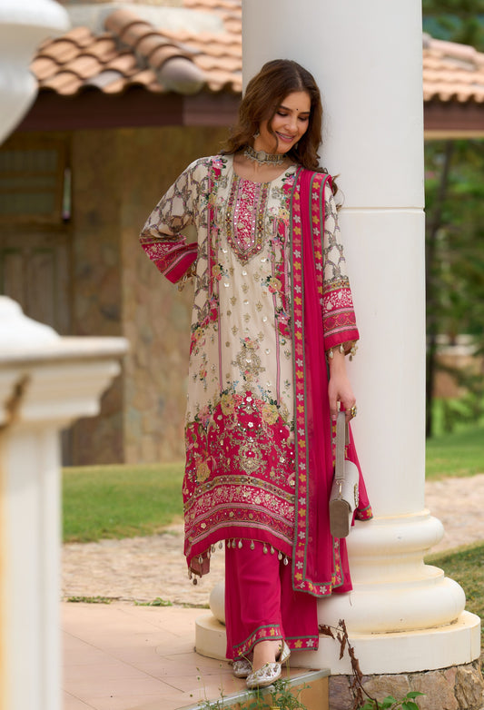 Elegant Off-White and Magenta Floral Embroidered Three-Piece Ensemble