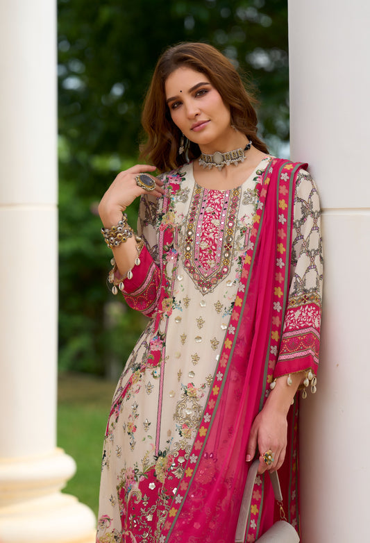 Elegant Off-White and Magenta Floral Embroidered Three-Piece Ensemble