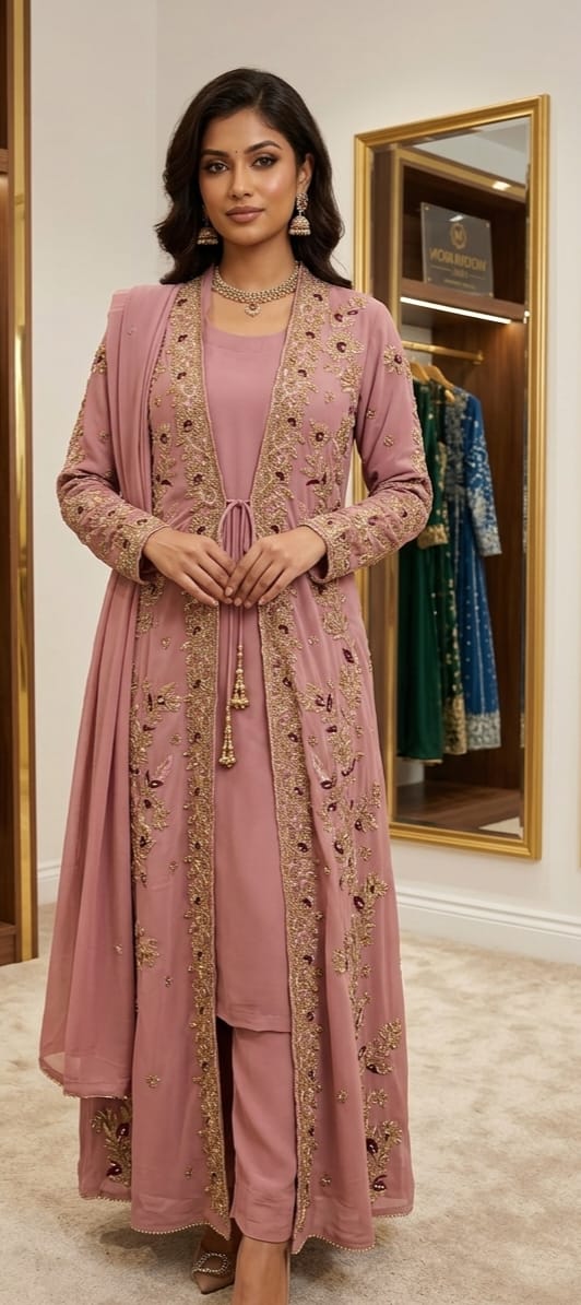 Elegant Rose Embroidered Jacket Ensemble