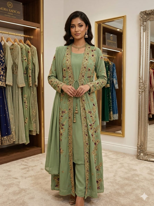Elegant Rose Embroidered Jacket Ensemble