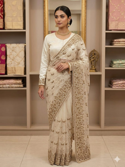 Ivory Champagne Net Embroidered Saree With Full Sleeve Blouse