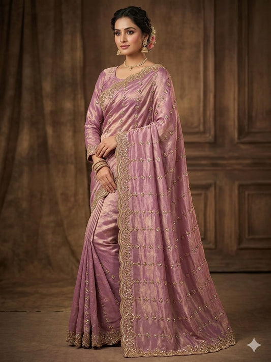 Mauve Saree with Gold Border and blouse.