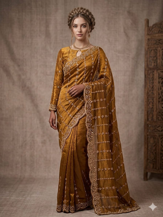 Golden Embroidered Saree