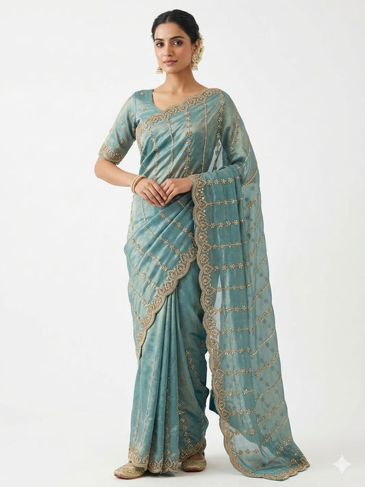 Antique Gold Tissue Saree with ready made full sleeve blouse