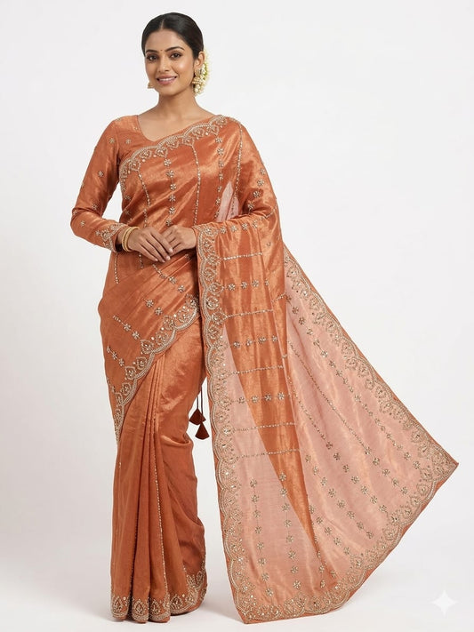 Rust Gold Embroidered Saree with ready made full sleeve blouse