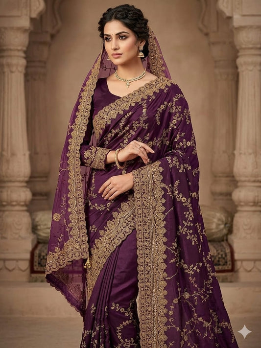 Plum Silk Embroidered Saree & Blouse Set with Matching Net Dupatta