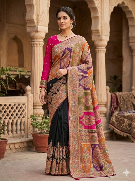 Khaani Silk, Black & Magenta Embroidered Silk Saree Set with ready made blouse