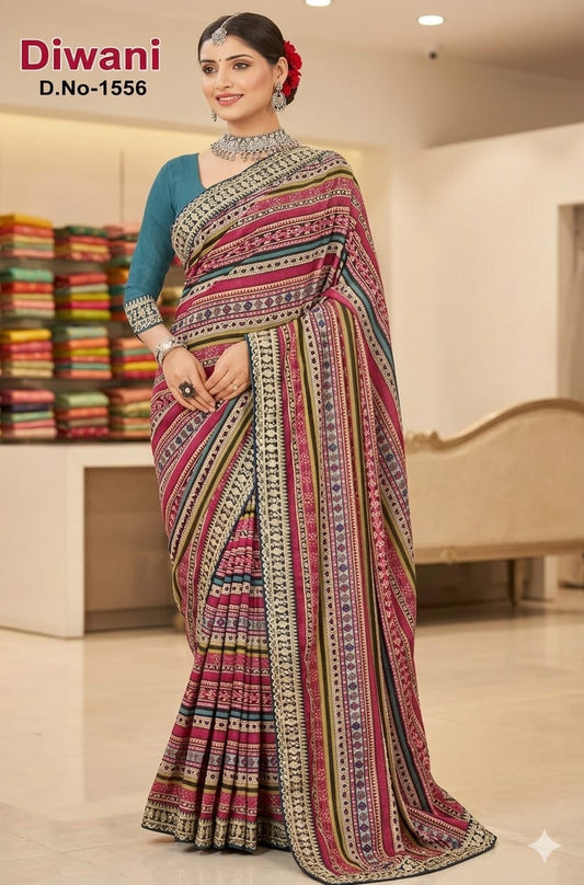 Multi-Toned Geometric Print Saree with Teal Blouse