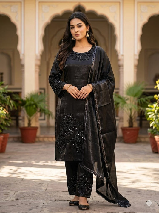 Midnight Noir: Hand-Embellished Silk Salwar Suit with Sequin Dupatta