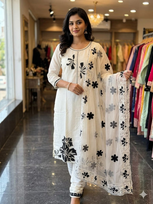 Elegant Ivory & Black Floral Embroidered Salwar Suit