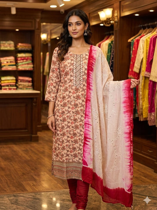 Blossom Elegance – Peach & Fuchsia Floral Printed Salwar Suit Set
