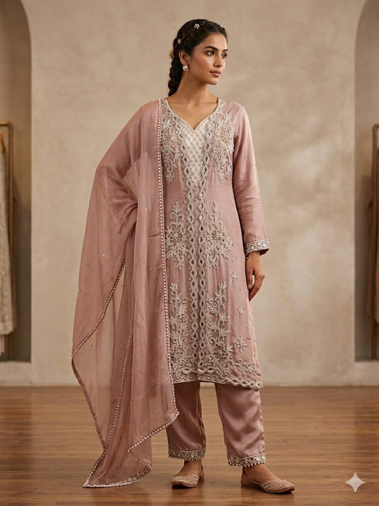 Dusty Rose Embroidered Silk Salwar Suit Set
