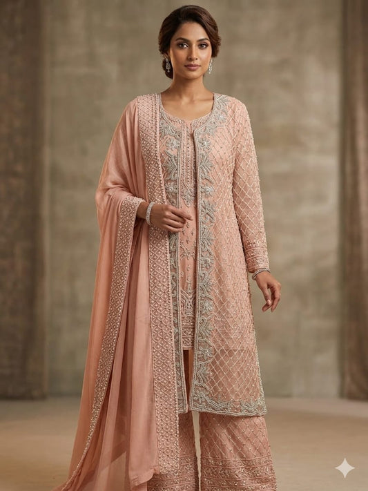 Pastel Peach Embroidered Georgette Salwar Suit
