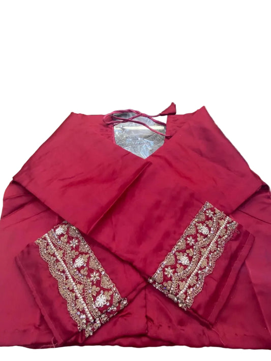 Party wear Deep Red Embroidered Saree Set with Full-Sleeve Blouse and Net Dupatta