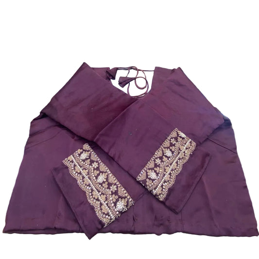 Plum Purple Embroidered Saree Set with Full-Sleeve Blouse & Net Dupatta