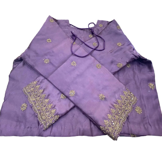 Plum Purple Saree with All-Over Gold Zari Embroidery & Full-Sleeve Blouse Set