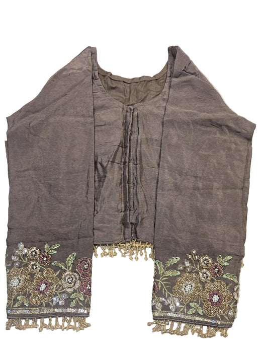 Earthy Taupe crape silk Saree with Hand-Embroidered Floral Borders & Full-Sleeve Blouse